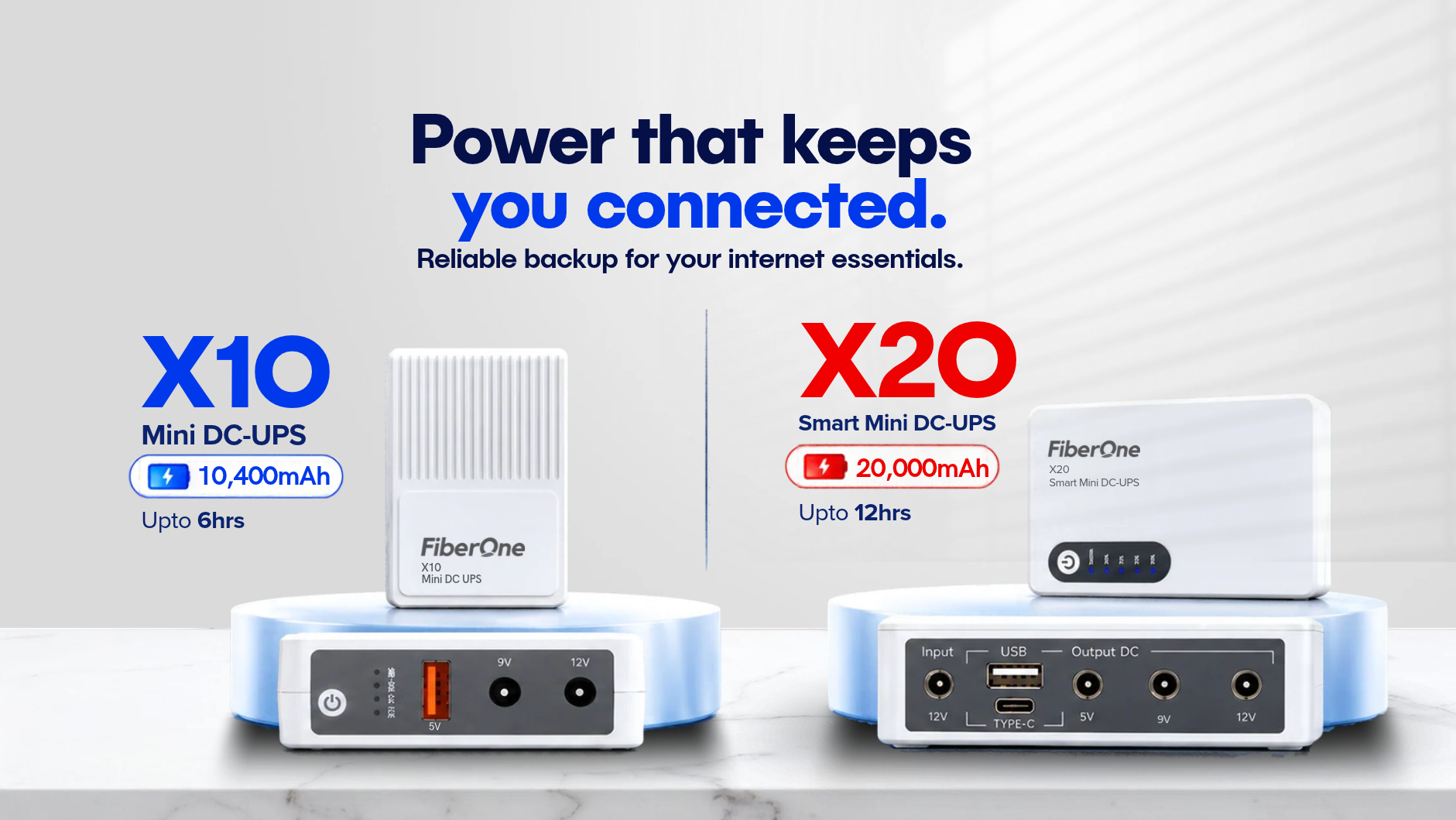 FiberOne Smart Mini DC UPS battery packs X10 and X20 with 10,400mAh and 20,000mAh capacity for uninterrupted internet during power outages in Nigeria.